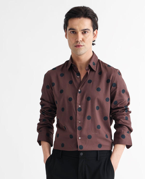 Rare Rabbit Men's Dare Brown Cotton Modal Fabric Polka Print Full Sleeves Shirt