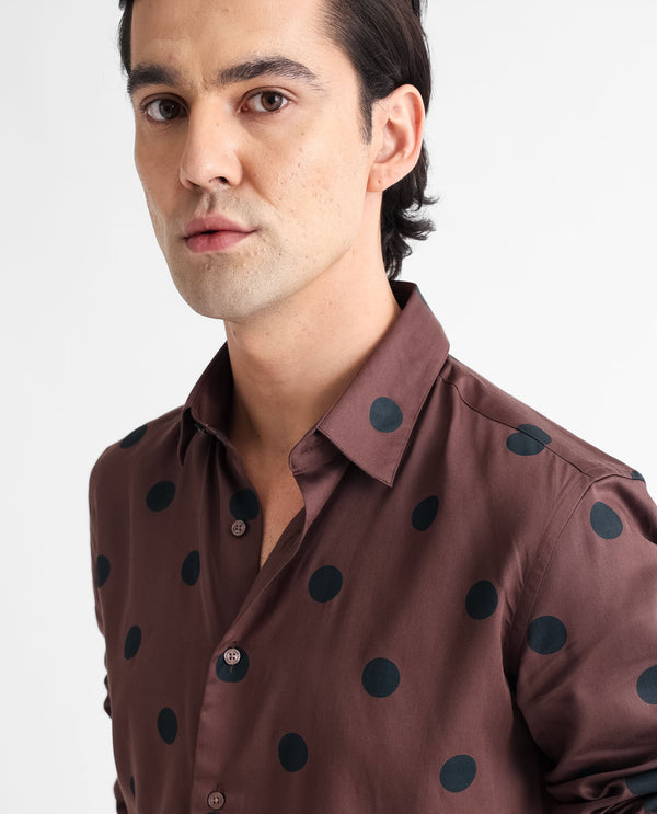 Rare Rabbit Men's Dare Brown Cotton Modal Fabric Polka Print Full Sleeves Shirt