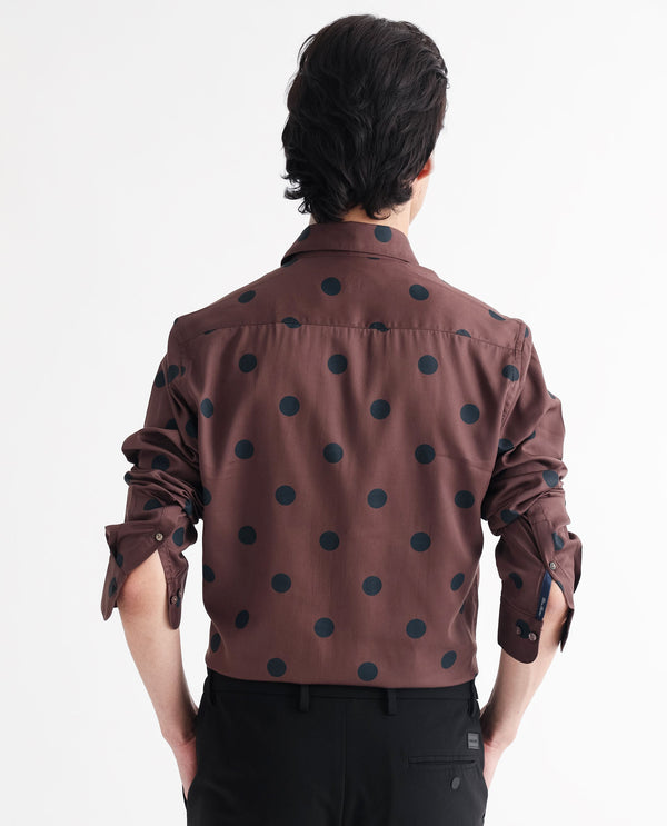 Rare Rabbit Men's Dare Brown Cotton Modal Fabric Polka Print Full Sleeves Shirt