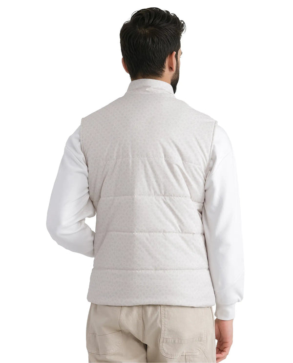 Rare Rabbit Men Darif White Polyester Fabric Sleeveless High Neck Collar Allover Monogram Gilet Jacket