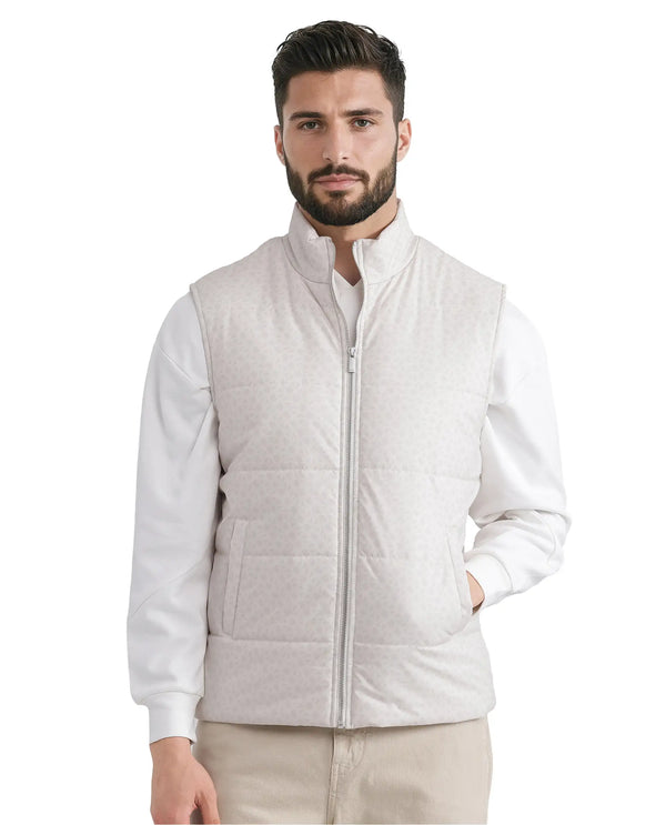 Rare Rabbit Men Darif White Polyester Fabric Sleeveless High Neck Collar Allover Monogram Gilet Jacket