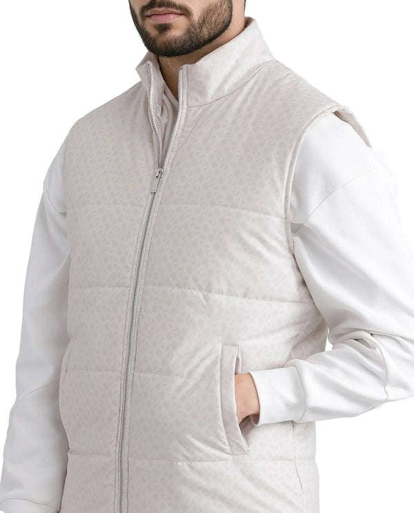 Rare Rabbit Men Darif White Polyester Fabric Sleeveless High Neck Collar Allover Monogram Gilet Jacket