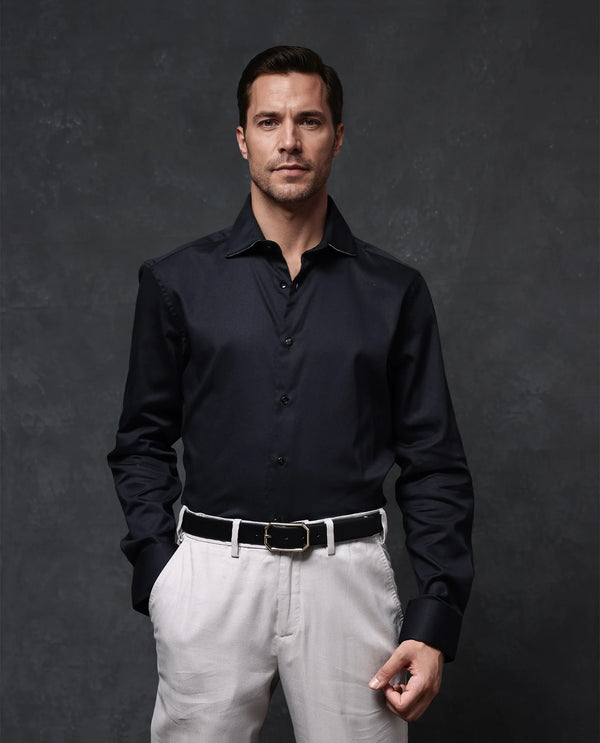 Rare Rabbit Men's Dario Black Cotton Fabric Full Sleeves Solid Shirt