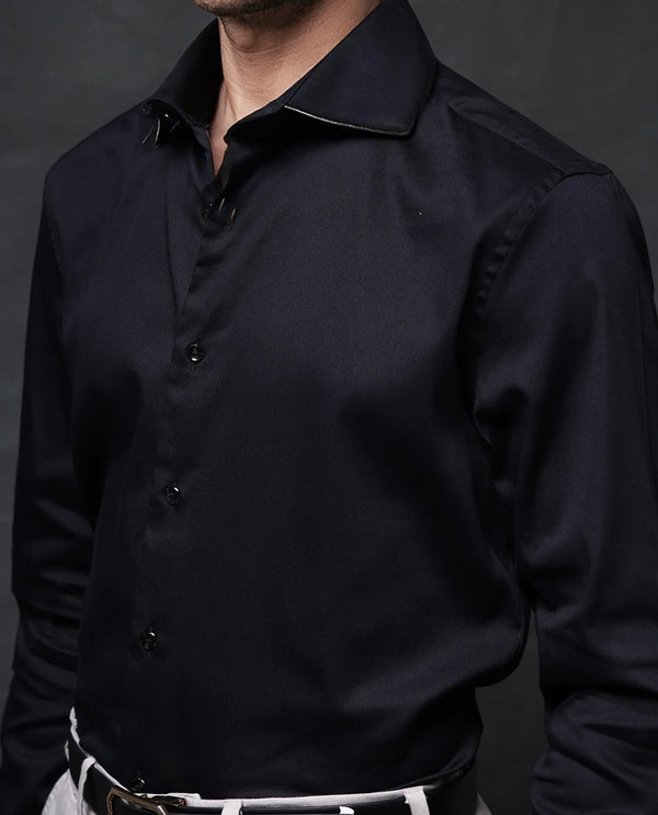 Rare Rabbit Men's Dario Black Cotton Fabric Full Sleeves Solid Shirt