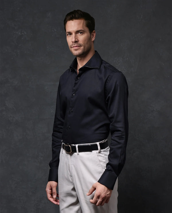 Rare Rabbit Men's Dario Black Cotton Fabric Full Sleeves Solid Shirt