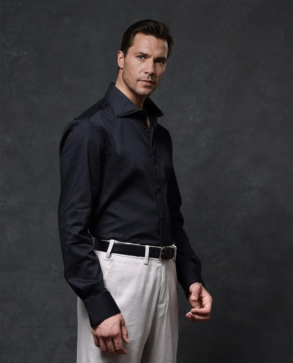 Rare Rabbit Men's Dario Black Cotton Fabric Full Sleeves Solid Shirt