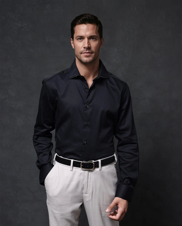 Rare Rabbit Men's Dario Black Cotton Fabric Full Sleeves Solid Shirt