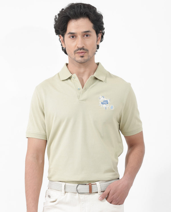 Rare Rabbit Mens Dariol Light Green Cotton Fabric Short Sleeve Solid Knitted Polo T-Shirt