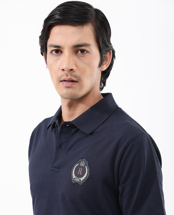 Rare Rabbit Mens Dariol Navy Cotton Fabric Short Sleeve Solid Knitted Polo T-Shirt