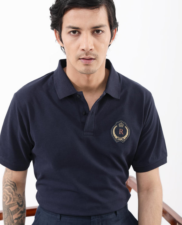 Rare Rabbit Mens Dariol Navy Cotton Fabric Short Sleeve Solid Knitted Polo T-Shirt
