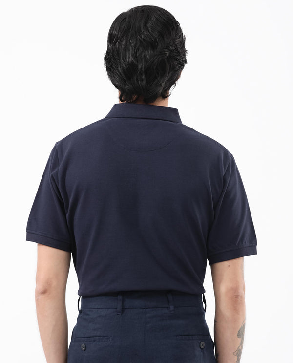 Rare Rabbit Mens Dariol Navy Cotton Fabric Short Sleeve Solid Knitted Polo T-Shirt