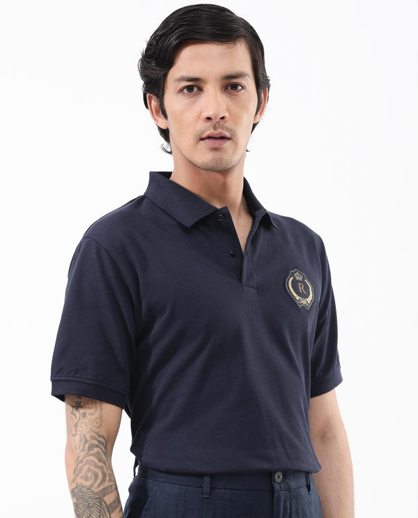 Rare Rabbit Mens Dariol Navy Cotton Fabric Short Sleeve Solid Knitted Polo T-Shirt