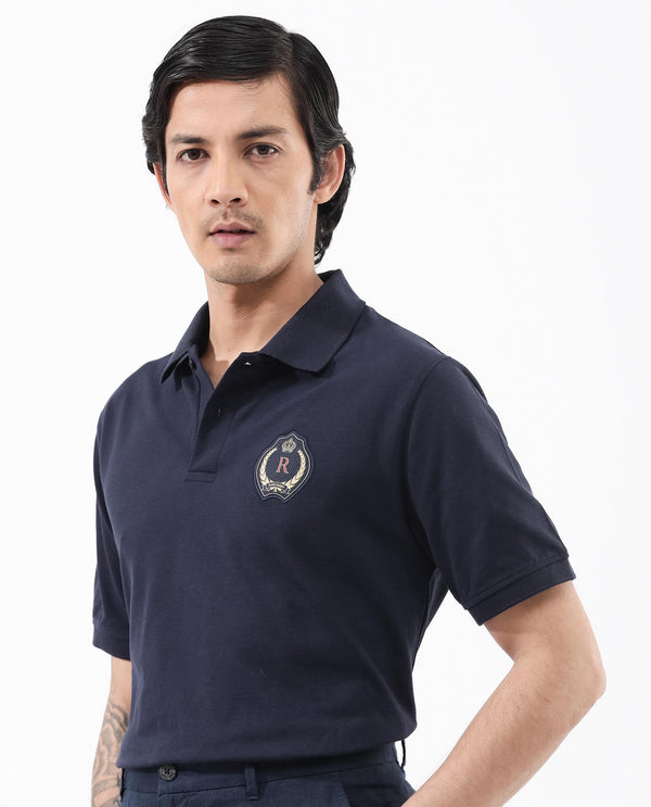 Rare Rabbit Mens Dariol Navy Cotton Fabric Short Sleeve Solid Knitted Polo T-Shirt