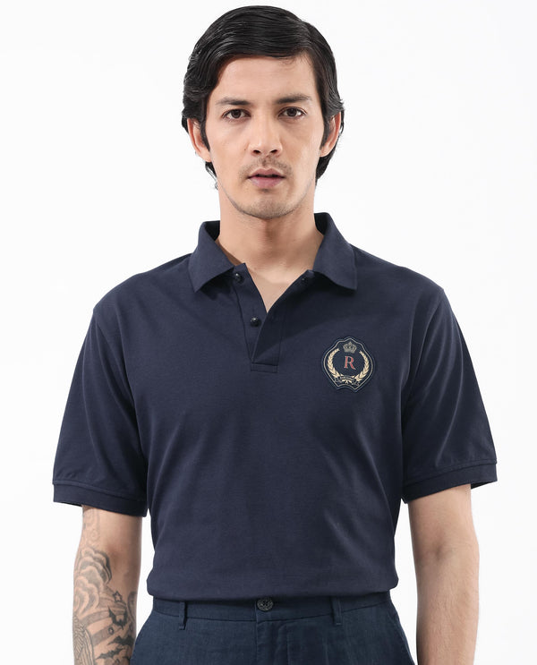 Rare Rabbit Mens Dariol Navy Cotton Fabric Short Sleeve Solid Knitted Polo T-Shirt