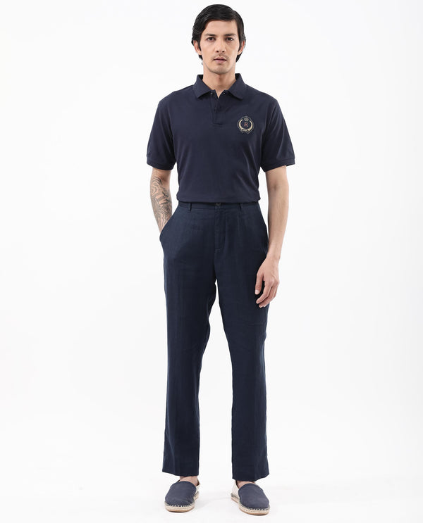 Rare Rabbit Mens Dariol Navy Cotton Fabric Short Sleeve Solid Knitted Polo T-Shirt