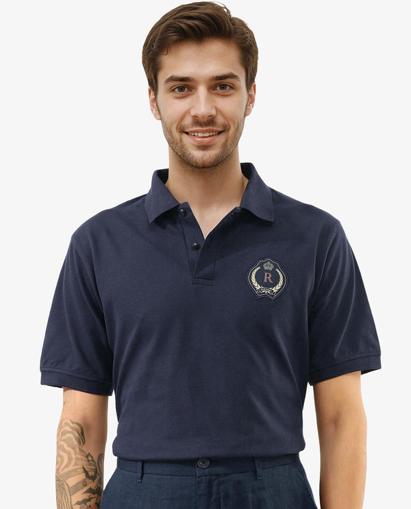 Rare Rabbit Mens Dariol Navy Cotton Fabric Short Sleeve Solid Knitted Polo T-Shirt