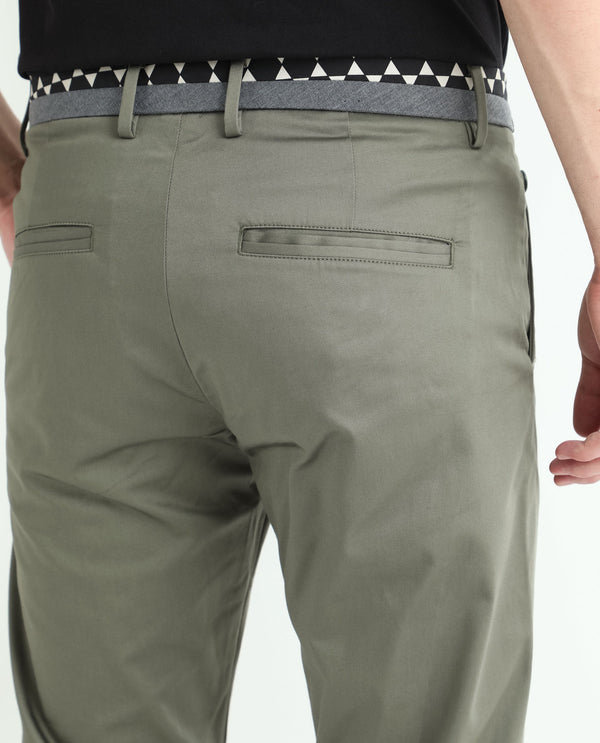 Rare Rabbit Men's Daron Olive Solid Mid-Rise Regular Fit Stretch Trousers