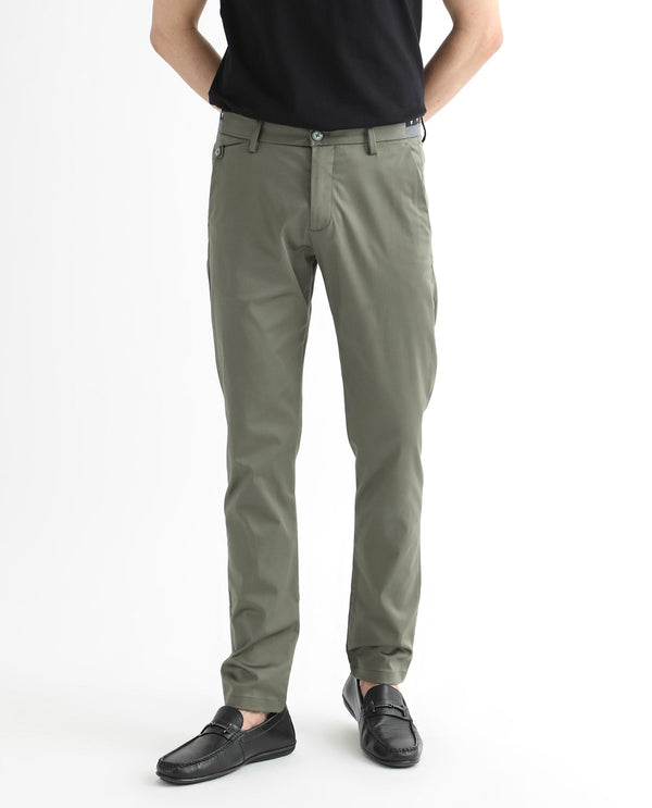 Rare Rabbit Men's Daron Olive Solid Mid-Rise Regular Fit Stretch Trousers