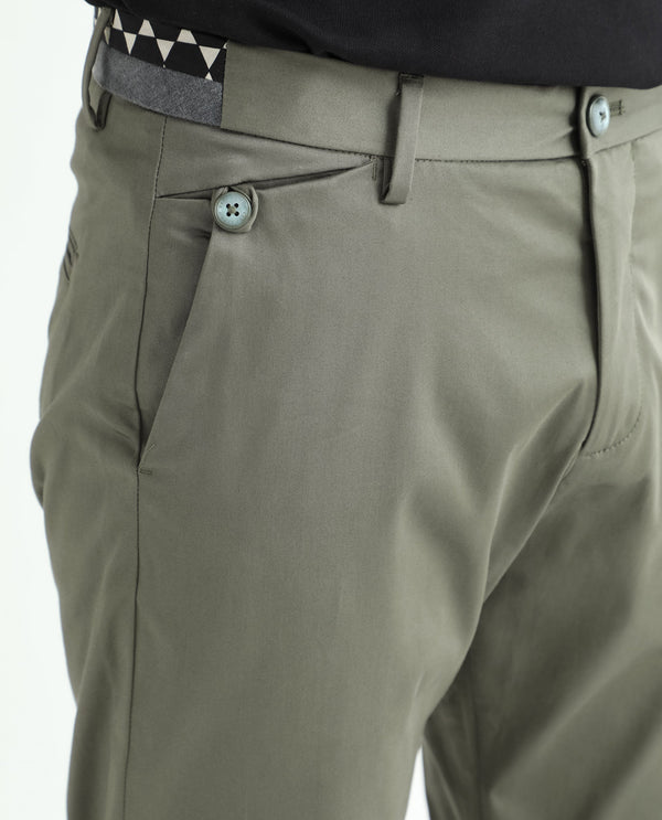Rare Rabbit Men's Daron Olive Solid Mid-Rise Regular Fit Stretch Trousers