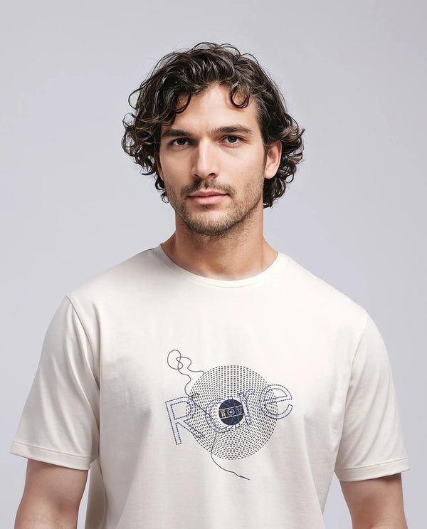 Rare Rabbit Men's Dart Beige Cotton Blend Fabric Half Sleeve Crew Neck Regular Fit Graphic Print T-Shirt