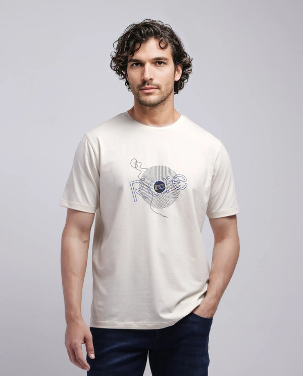 Rare Rabbit Men's Dart Beige Cotton Blend Fabric Half Sleeve Crew Neck Regular Fit Graphic Print T-Shirt