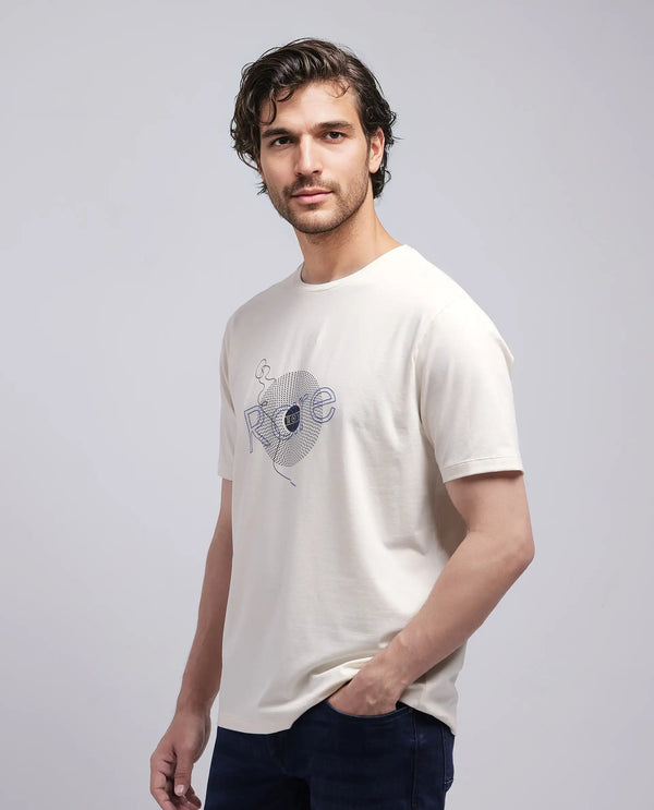 Rare Rabbit Men's Dart Beige Cotton Blend Fabric Half Sleeve Crew Neck Regular Fit Graphic Print T-Shirt