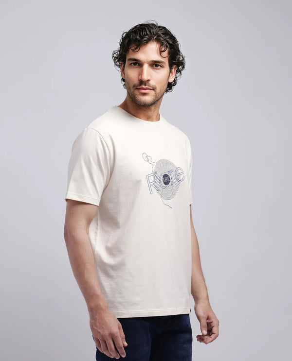 Rare Rabbit Men's Dart Beige Cotton Blend Fabric Half Sleeve Crew Neck Regular Fit Graphic Print T-Shirt