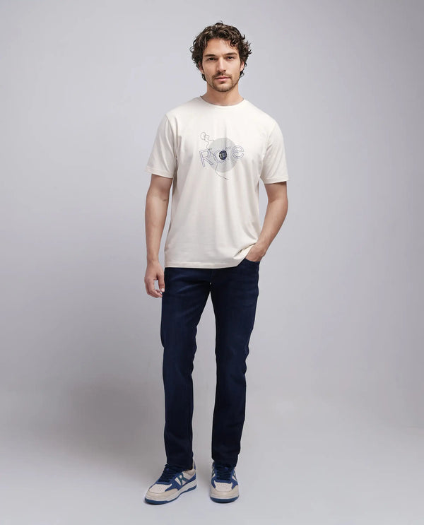 Rare Rabbit Men's Dart Beige Cotton Blend Fabric Half Sleeve Crew Neck Regular Fit Graphic Print T-Shirt