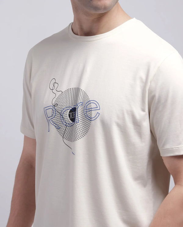 Rare Rabbit Men's Dart Beige Cotton Blend Fabric Half Sleeve Crew Neck Regular Fit Graphic Print T-Shirt
