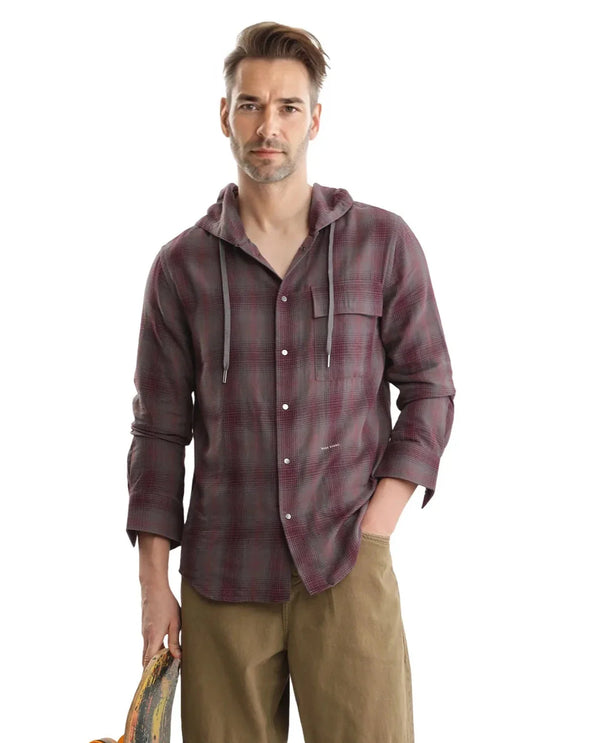 Rare Rabbit Men's Dartmouth Dusky Maroon Cotton Fabric Full Sleeve Collared Neck Oversized Fit Checks Shirt