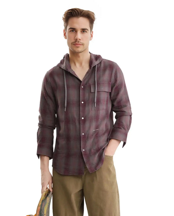 Rare Rabbit Men's Dartmouth Dusky Maroon Cotton Fabric Full Sleeve Collared Neck Oversized Fit Checks Shirt