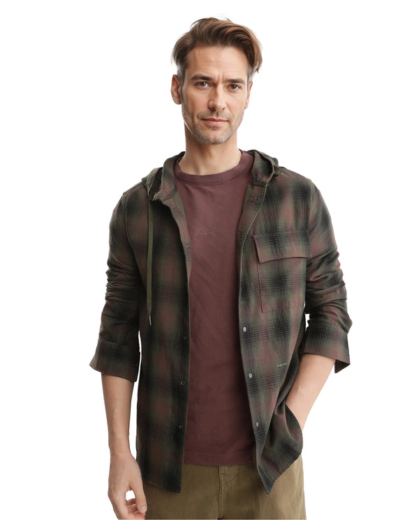 Rare Rabbit Men's Dartmouth Dusky Olive Cotton Fabric Full Sleeve Collared Neck Oversized Fit Checks Shirt
