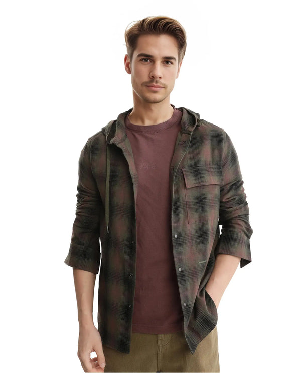 Rare Rabbit Men's Dartmouth Dusky Olive Cotton Fabric Full Sleeve Collared Neck Oversized Fit Checks Shirt