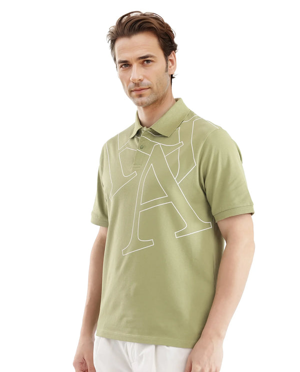Rare Rabbit Men Daryl Olive Cotton Blend Fabric Short Sleeve Regular Collar Placement Typography Print Polo
