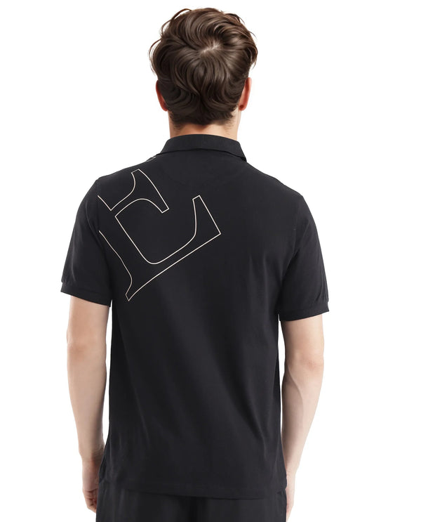 Rare Rabbit Men Daryl Black Cotton Blend Fabric Short Sleeve Regular Collar Placement Typography Print Polo