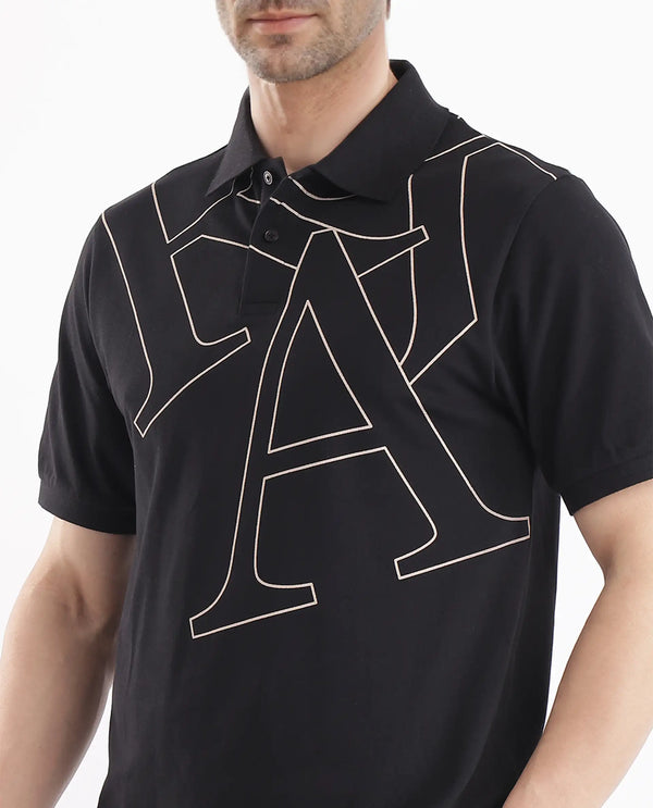 Rare Rabbit Men Daryl Black Cotton Blend Fabric Short Sleeve Regular Collar Placement Typography Print Polo