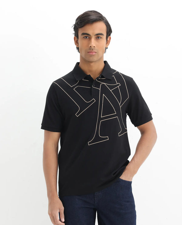 Rare Rabbit Men Daryl Black Cotton Blend Fabric Short Sleeve Regular Collar Placement Typography Print Polo