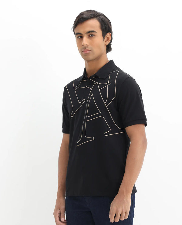 Rare Rabbit Men Daryl Black Cotton Blend Fabric Short Sleeve Regular Collar Placement Typography Print Polo