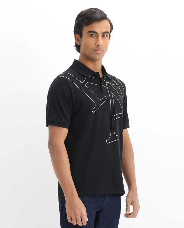 Rare Rabbit Men Daryl Black Cotton Blend Fabric Short Sleeve Regular Collar Placement Typography Print Polo