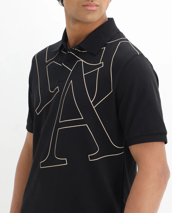 Rare Rabbit Men Daryl Black Cotton Blend Fabric Short Sleeve Regular Collar Placement Typography Print Polo