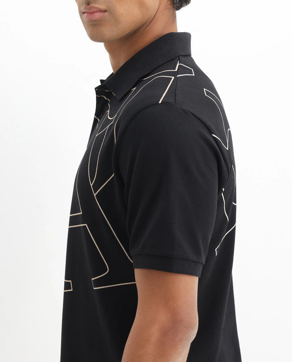Rare Rabbit Men Daryl Black Cotton Blend Fabric Short Sleeve Regular Collar Placement Typography Print Polo
