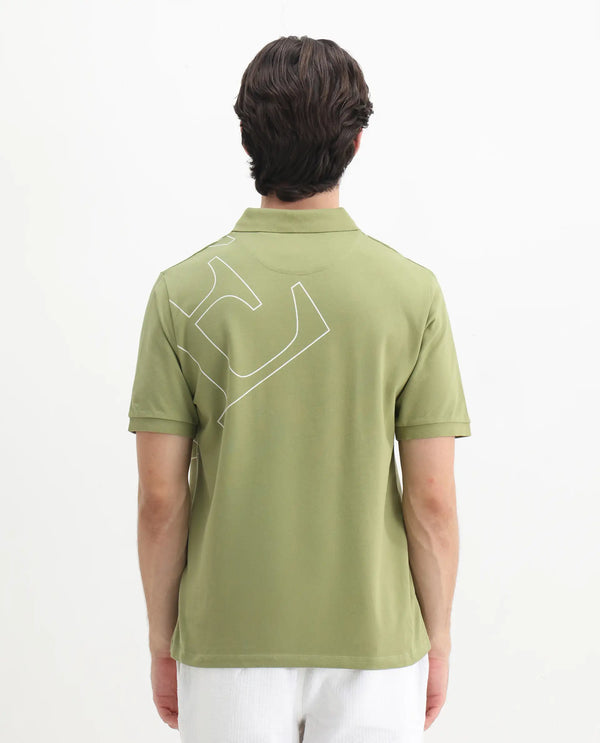 Rare Rabbit Men Daryl Olive Cotton Blend Fabric Short Sleeve Regular Collar Placement Typography Print Polo