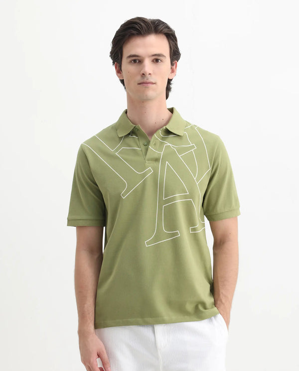 Rare Rabbit Men Daryl Olive Cotton Blend Fabric Short Sleeve Regular Collar Placement Typography Print Polo