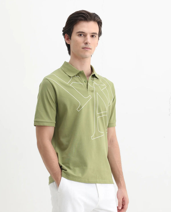 Rare Rabbit Men Daryl Olive Cotton Blend Fabric Short Sleeve Regular Collar Placement Typography Print Polo