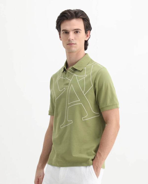 Rare Rabbit Men Daryl Olive Cotton Blend Fabric Short Sleeve Regular Collar Placement Typography Print Polo