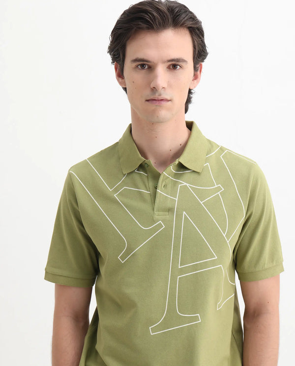 Rare Rabbit Men Daryl Olive Cotton Blend Fabric Short Sleeve Regular Collar Placement Typography Print Polo