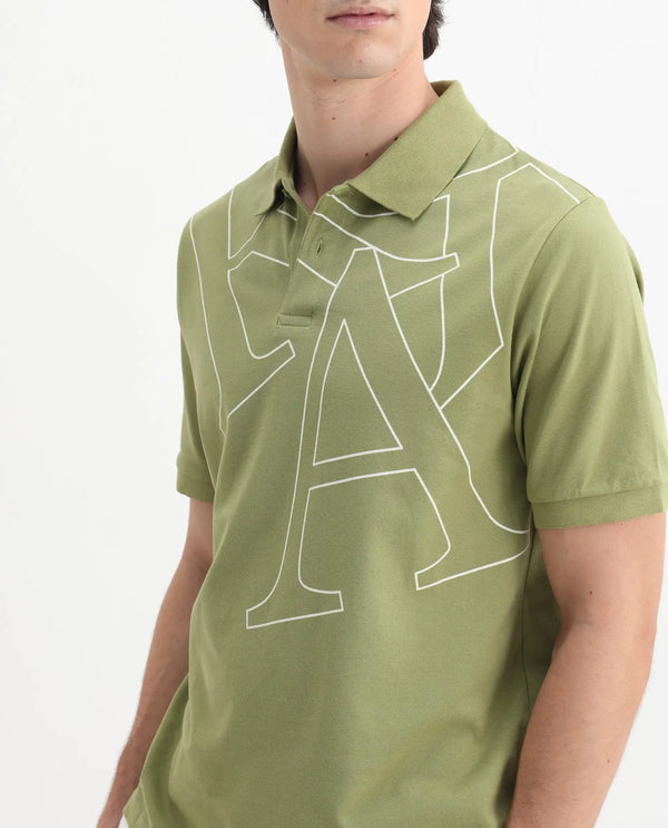 Rare Rabbit Men Daryl Olive Cotton Blend Fabric Short Sleeve Regular Collar Placement Typography Print Polo