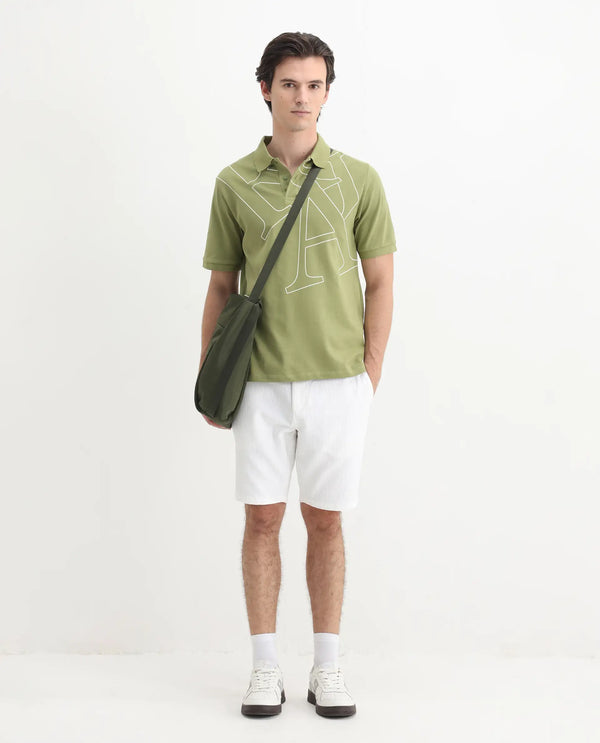 Rare Rabbit Men Daryl Olive Cotton Blend Fabric Short Sleeve Regular Collar Placement Typography Print Polo