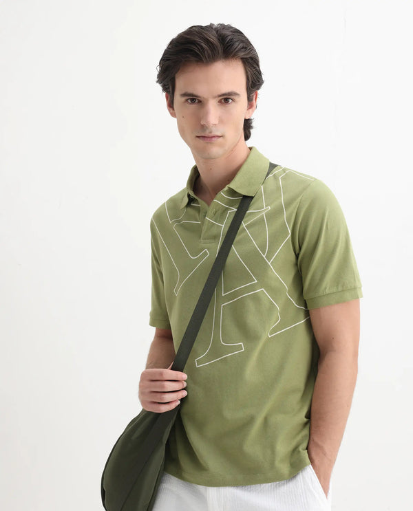 Rare Rabbit Men Daryl Olive Cotton Blend Fabric Short Sleeve Regular Collar Placement Typography Print Polo