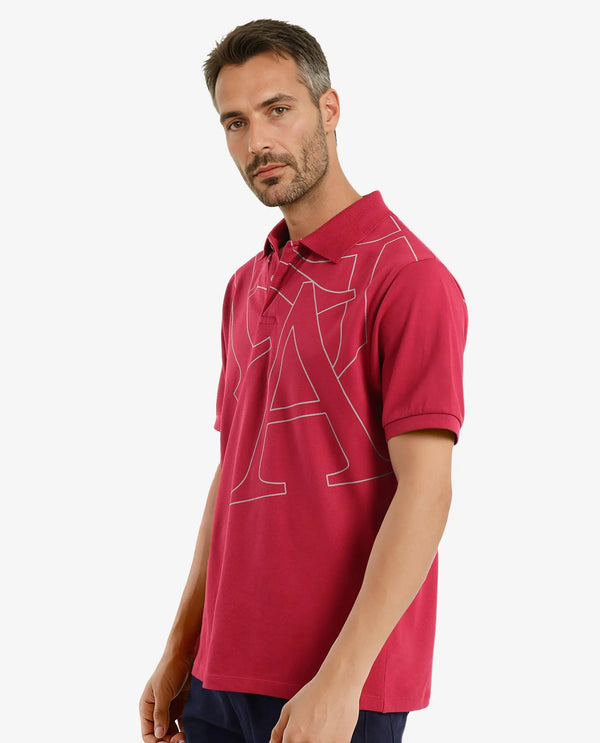 Rare Rabbit Men Daryl Red Cotton Blend Fabric Short Sleeve Regular Collar Placement Typography Print Polo